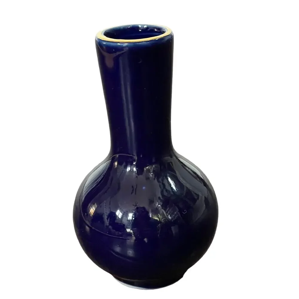 Cobalt Blue Bud Vase Porcelain Hand Painted Peacock Oriental Gold Rim Small READ